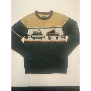 KAVU Sweater Mens S Gray Tan Colorblock Retro Camper Van Life Outdoor Camping